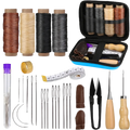 Blue and black zippered leather sewing tools kit with waxed thread spools in brown beige black gray and tan hues