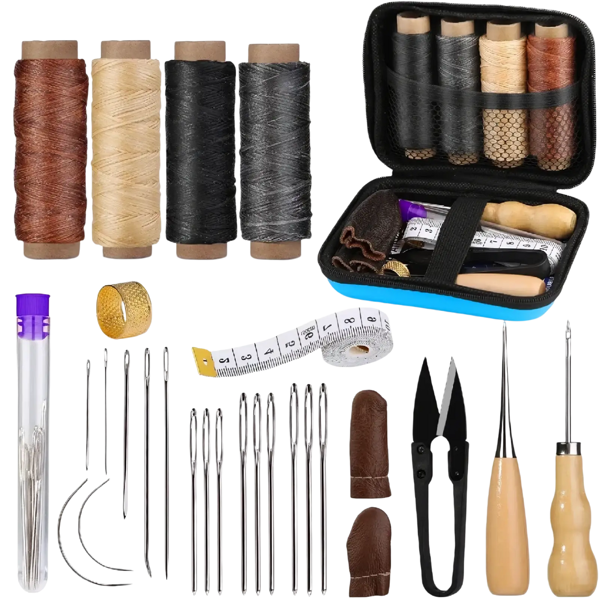 Blue and black zippered leather sewing tools kit with waxed thread spools in brown beige black gray and tan hues