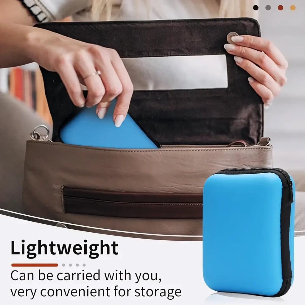 Blue neoprene protective case with black zipper and trim for leather sewing tools kit with waxed thread