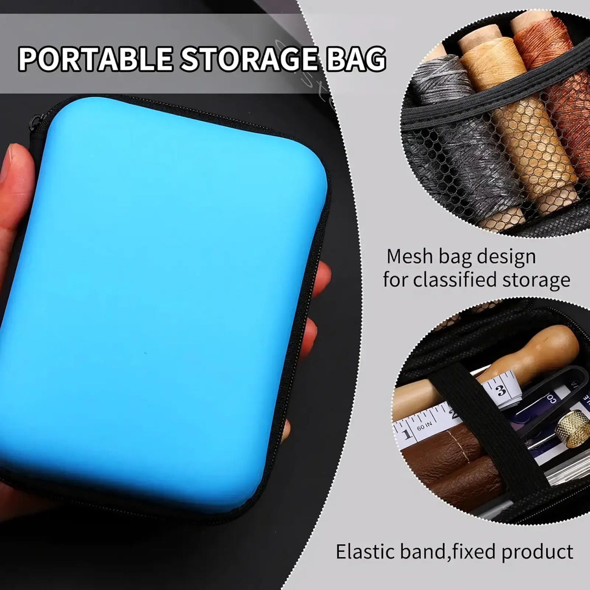 Bright blue leather sewing tools kit with waxed thread in a portable storage bag with black zipper and mesh interior