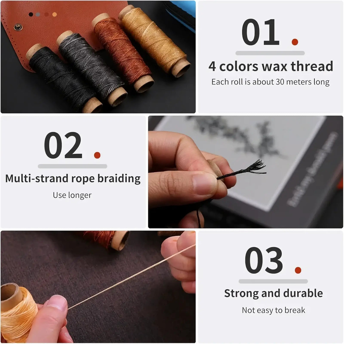 Leather sewing tools kit with four-colored waxed thread spools about 30 meters long featuring natural fiber texture