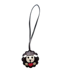 Leather sheep keychain made of black leather with white face, red heart, and gold accents as a cute animal bag charm