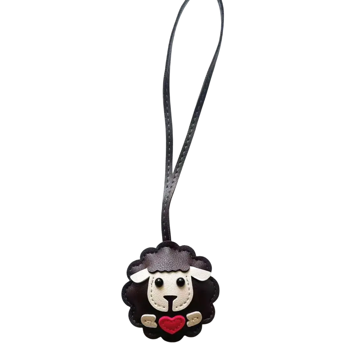 Black leather sheep keychain with white face red heart and stitched details bag charm accessory