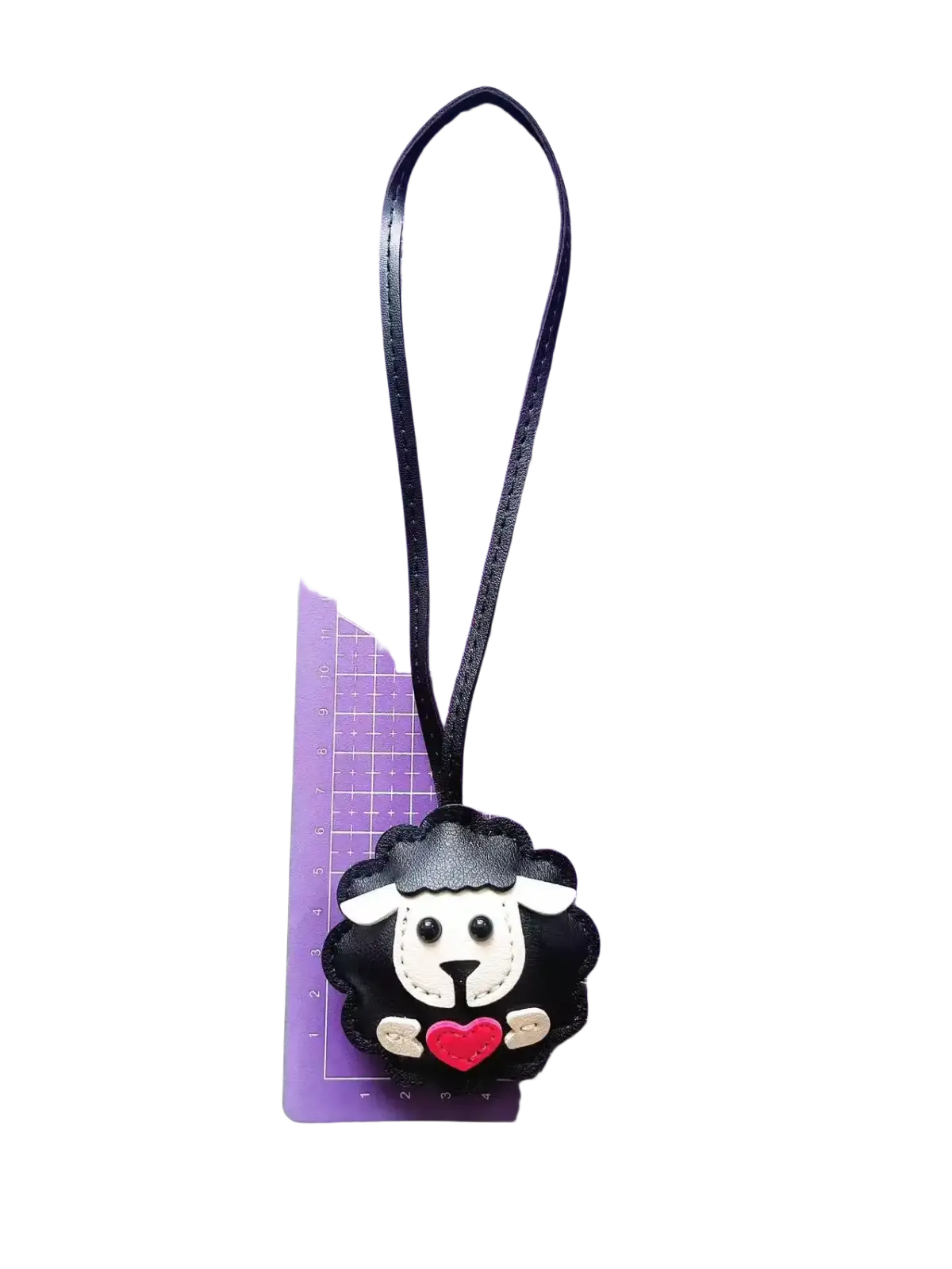 Black sheep-shaped leather keychain with white face red heart and black strap cute animal bag charm