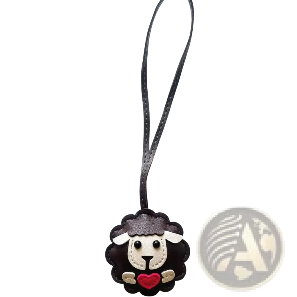 Black leather sheep keychain with white face red heart and stitched details bag charm accessory
