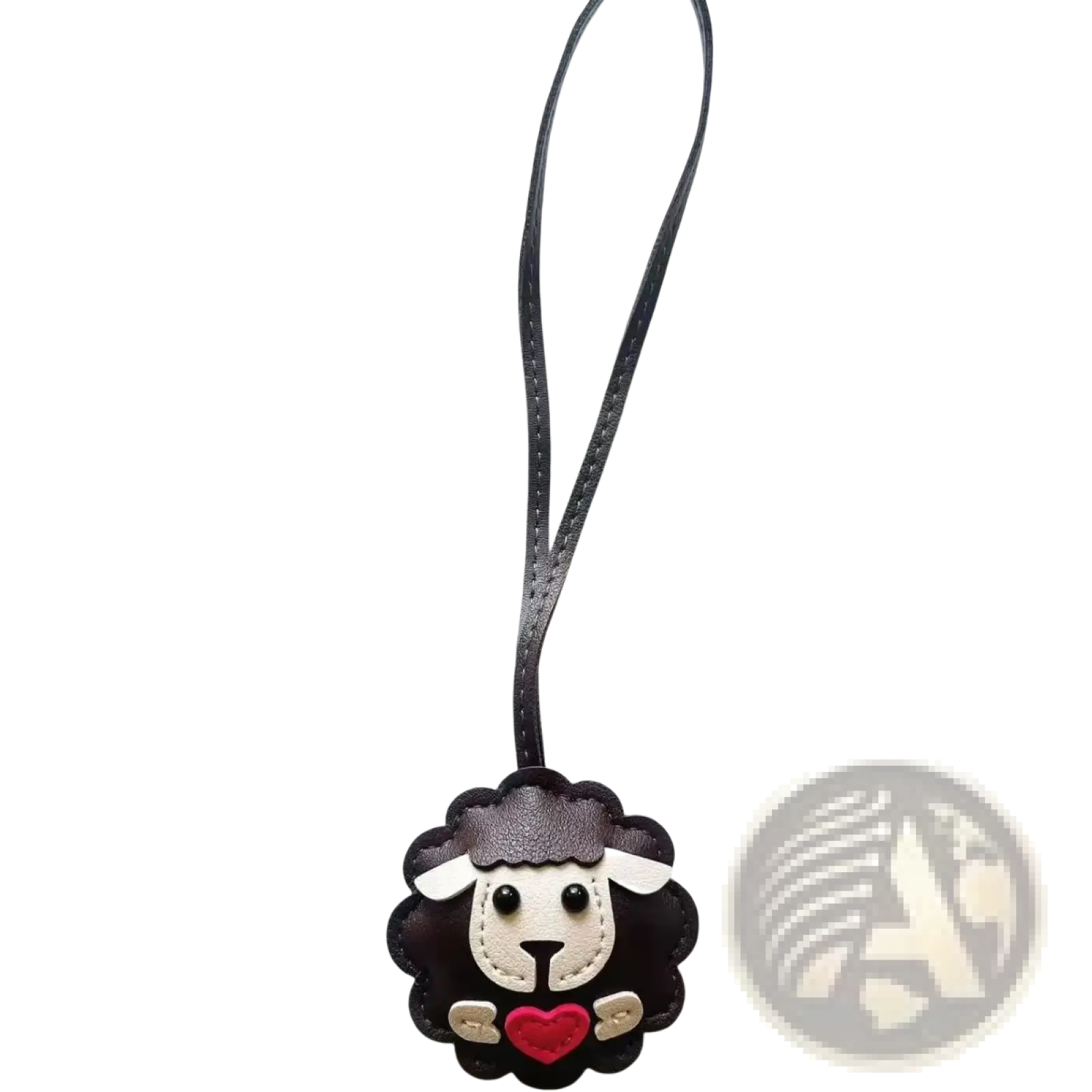 Black leather sheep keychain with white face red heart and stitched details bag charm accessory
