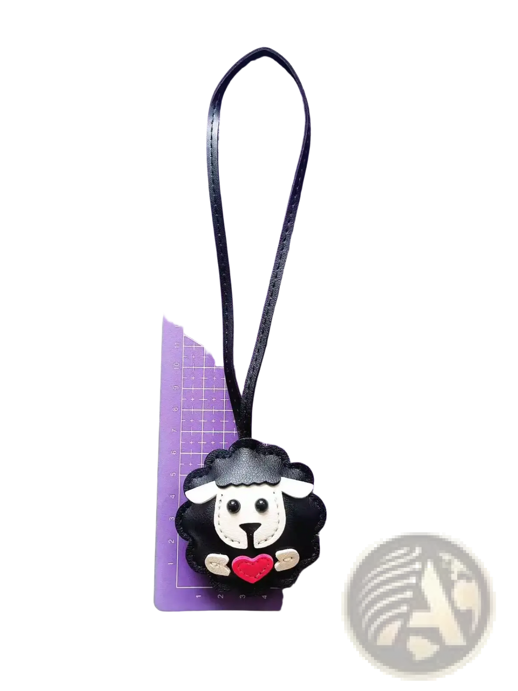 Black sheep-shaped leather keychain with white face red heart and black strap cute animal bag charm