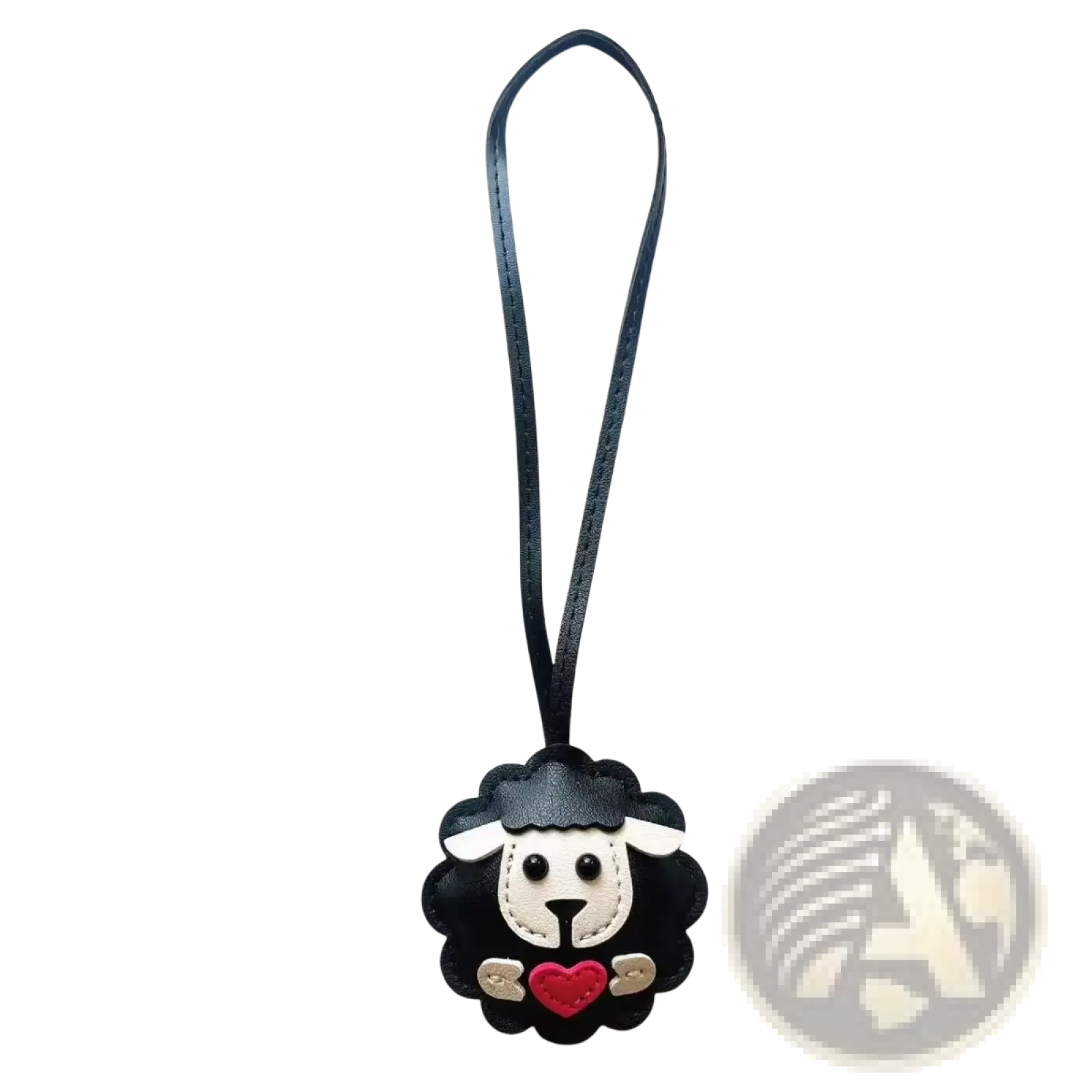 Black leather sheep keychain with white face red heart and stitched details cute animal bag charm accessory