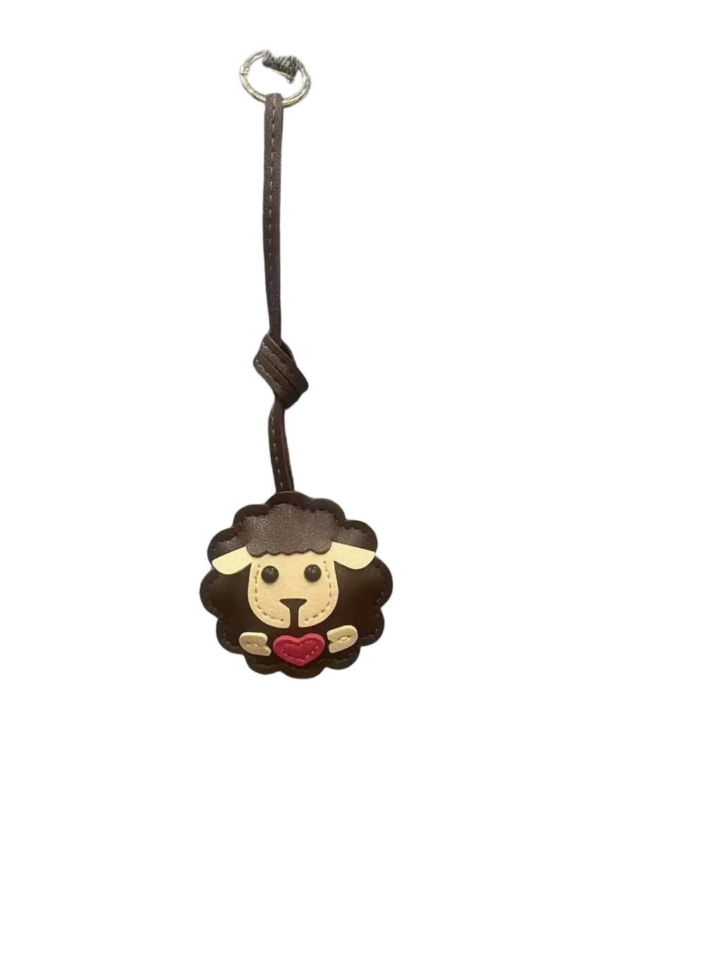 Leather sheep keychain in brown featuring a cute animal design with red heart patch and stitched details for bags