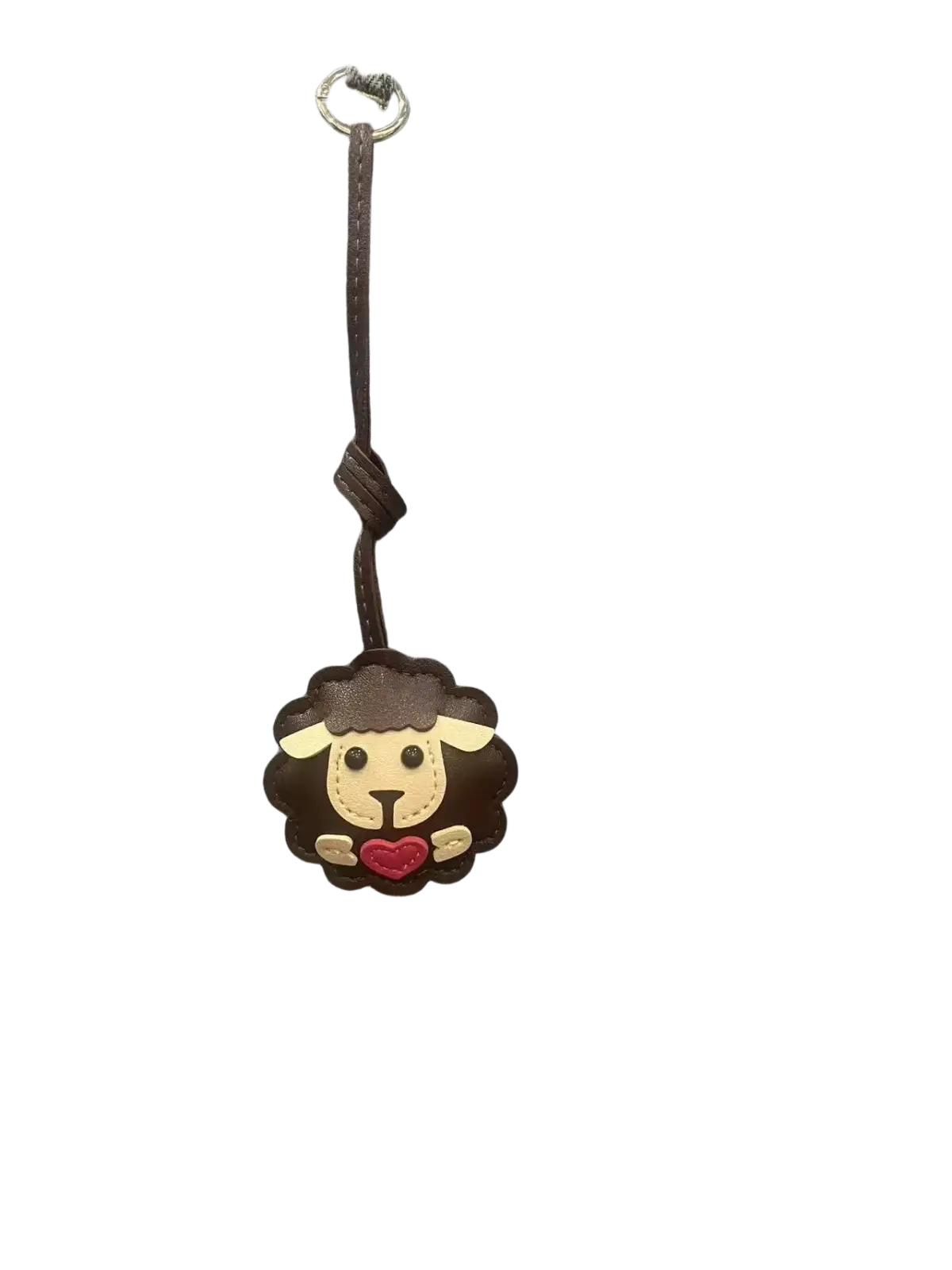 Leather sheep keychain in brown featuring a cute animal design with red heart patch and stitched details for bags