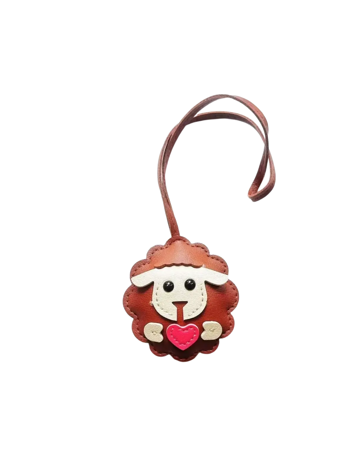 Leather sheep keychain cute animal bag charm in brown leather with white accents and a pink heart detail