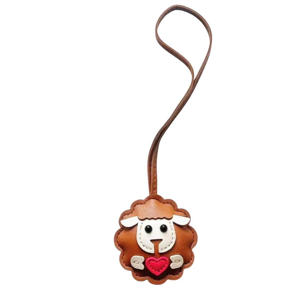 Brown leather sheep-shaped keychain with white face black eyes red heart and beige hooves cute animal bag charm
