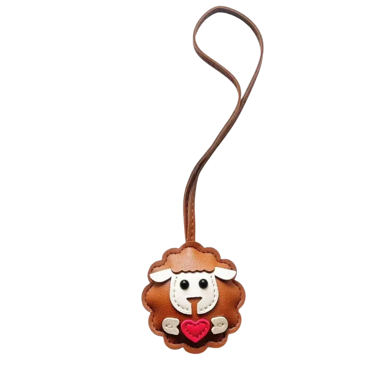 Brown leather sheep-shaped keychain with white face black eyes red heart and beige hooves cute animal bag charm