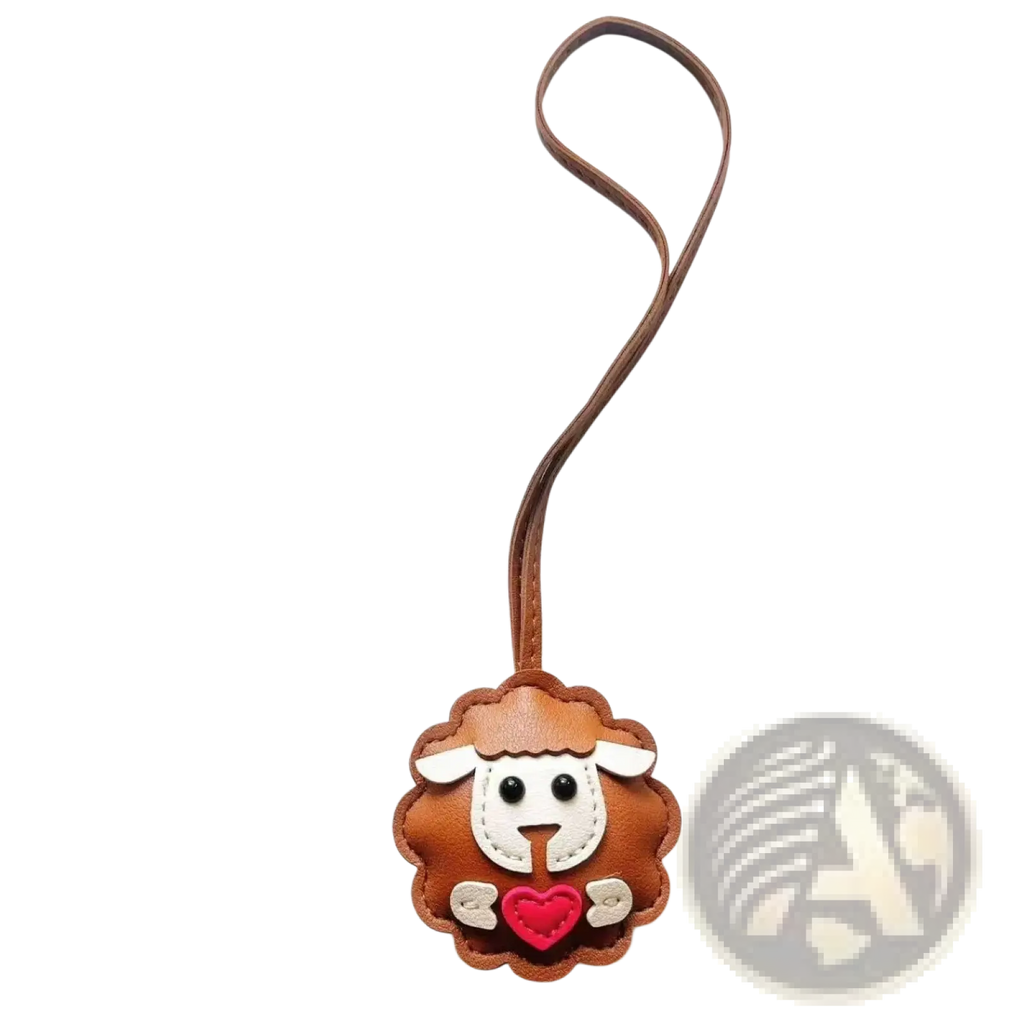Brown leather sheep-shaped keychain with white face black eyes red heart and beige hooves cute animal bag charm