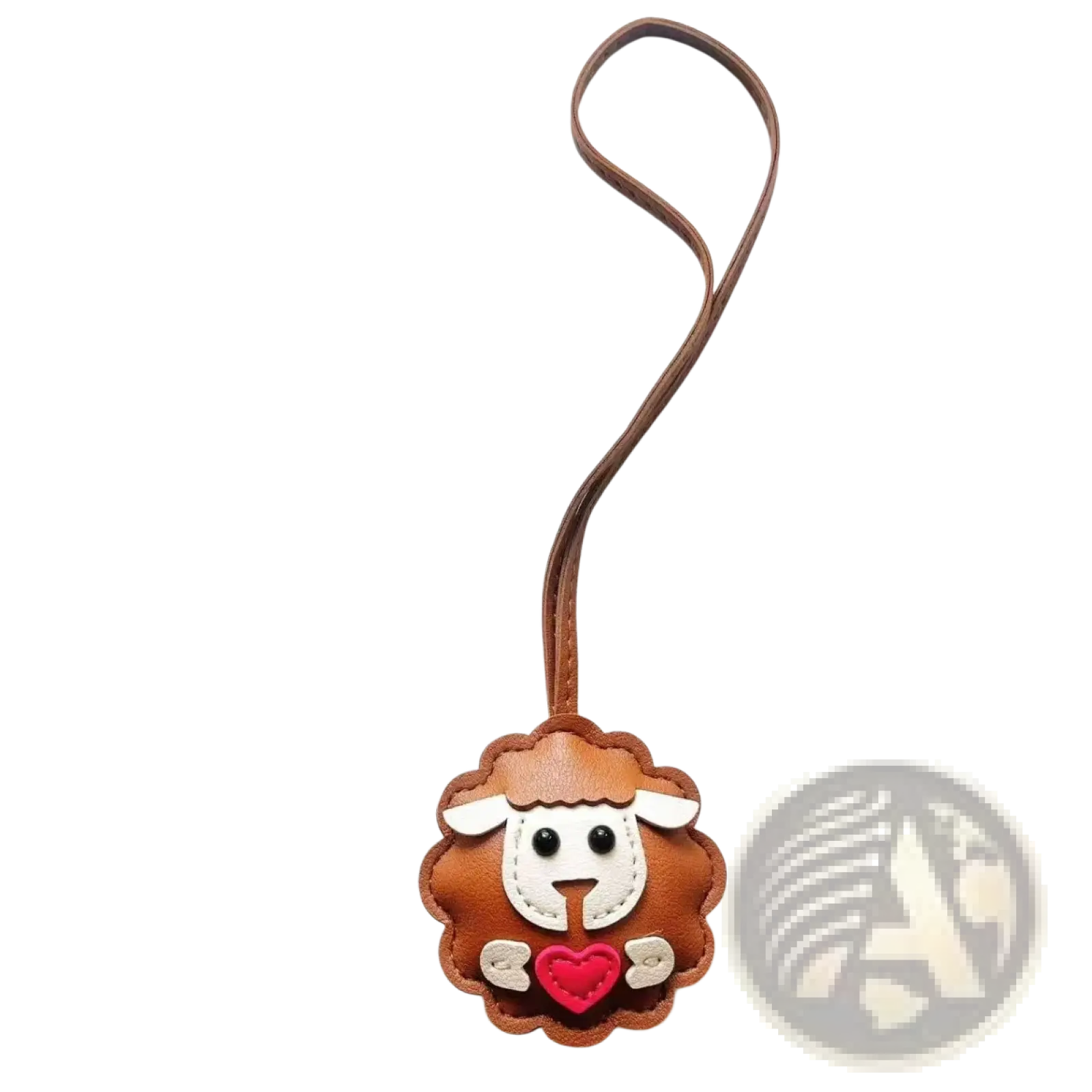Brown leather sheep-shaped keychain with white face black eyes red heart and beige hooves cute animal bag charm