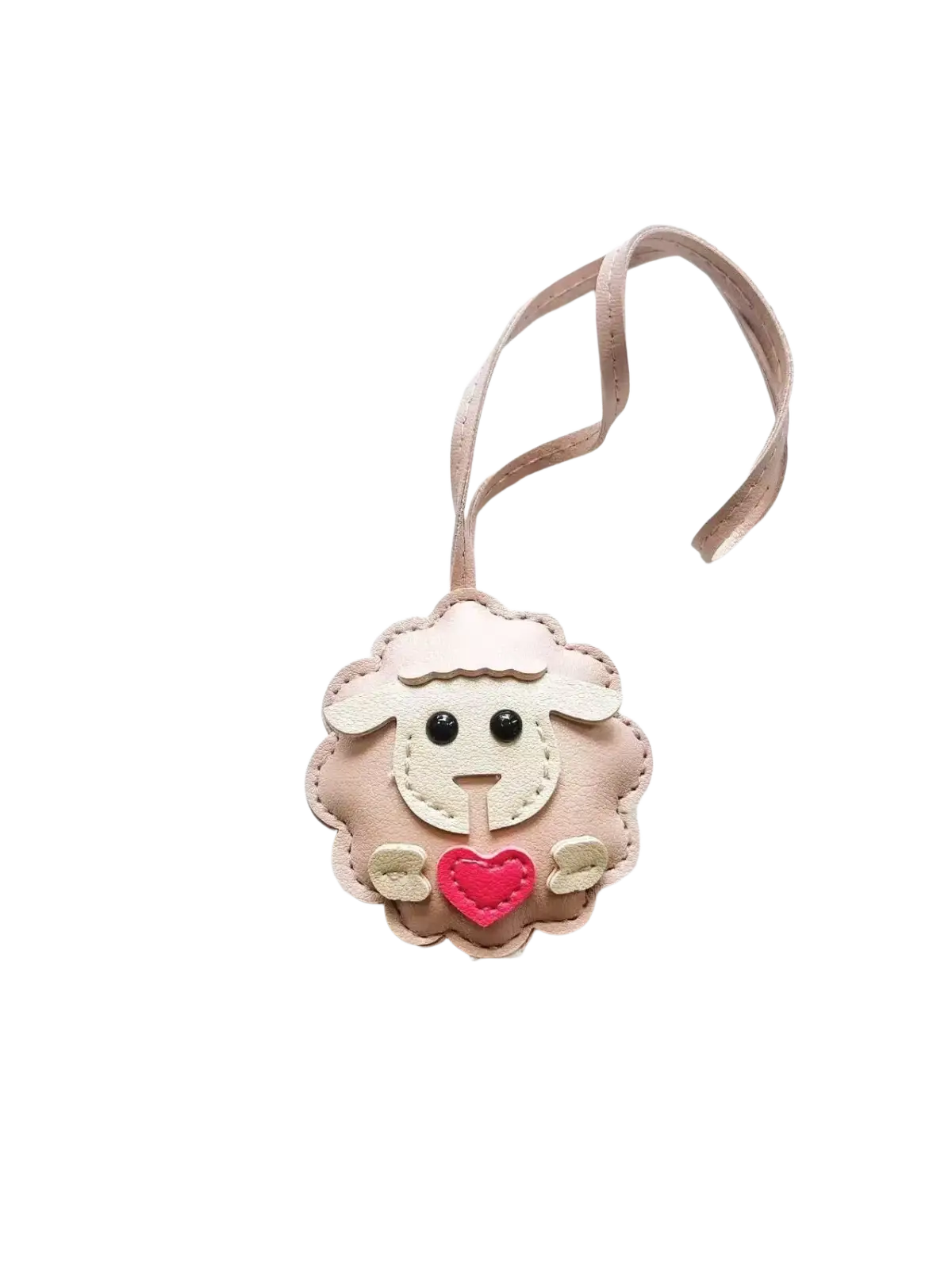 Pink leather sheep keychain with a red heart and black bead eyes as a cute animal bag charm accessory