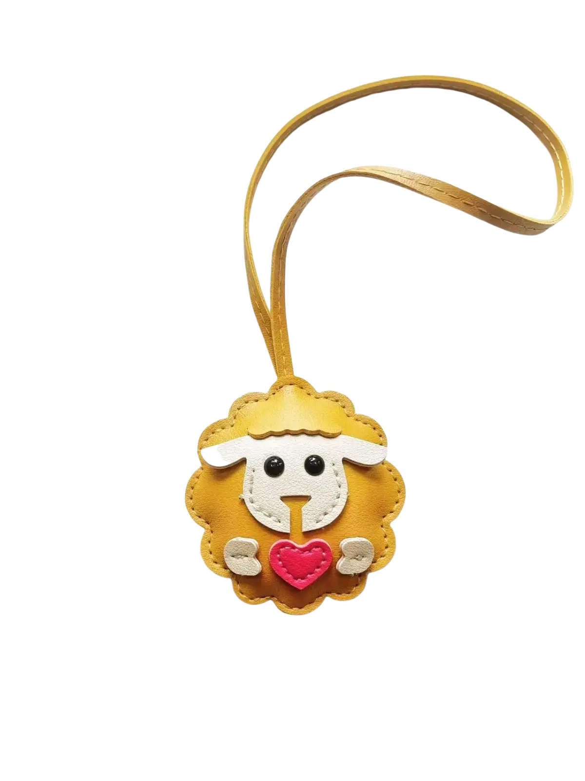 Yellow leather sheep-shaped keychain with white facial features and a pink heart cute animal bag charm