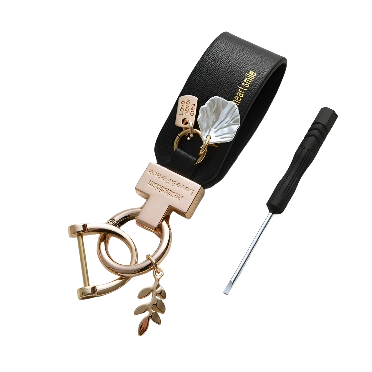 Black leather keychain with rose gold metal accents and white shell pendant for anti loss car charm french style