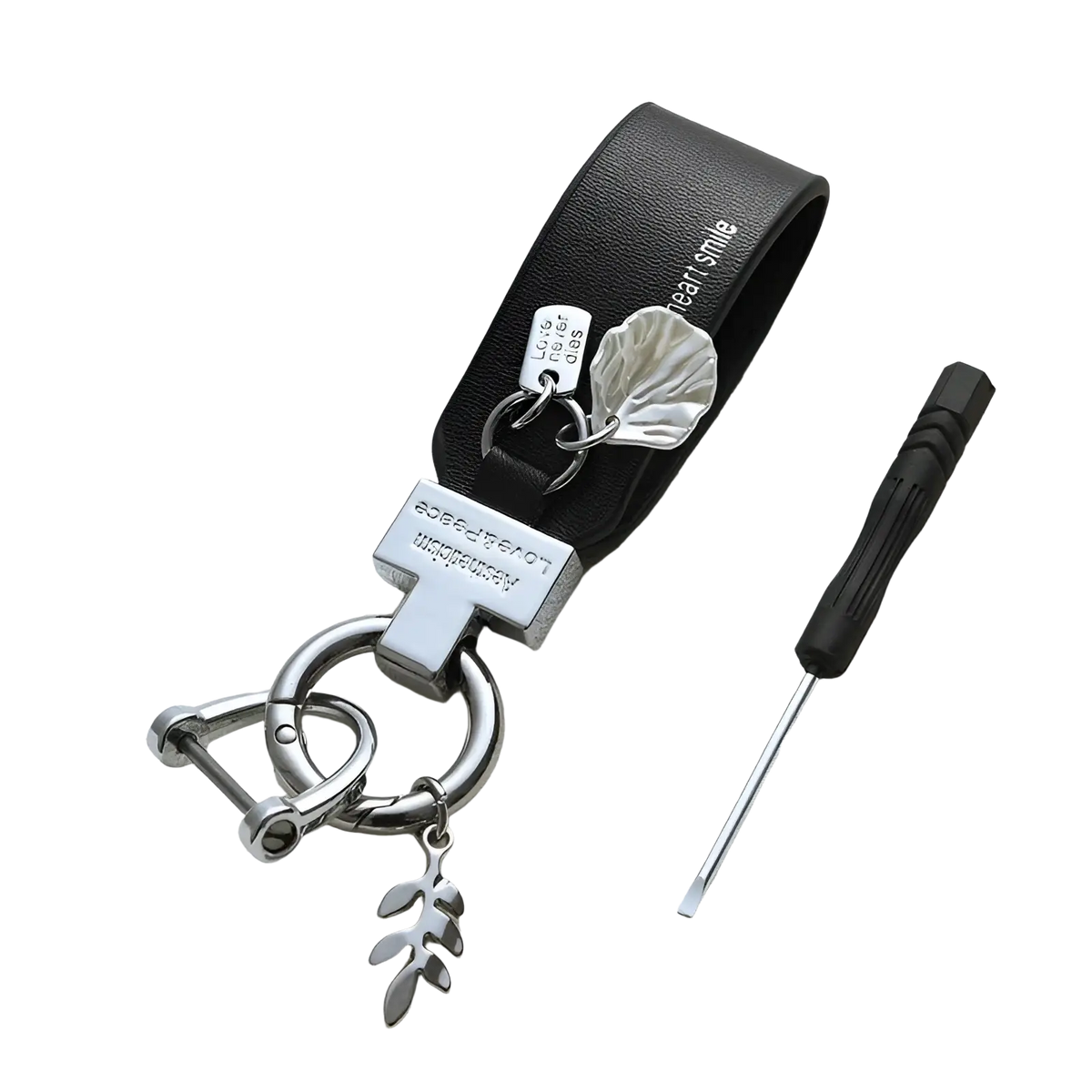 Black leather shell keychain with silver metal accents and leaf-shaped charms for french style anti loss car use