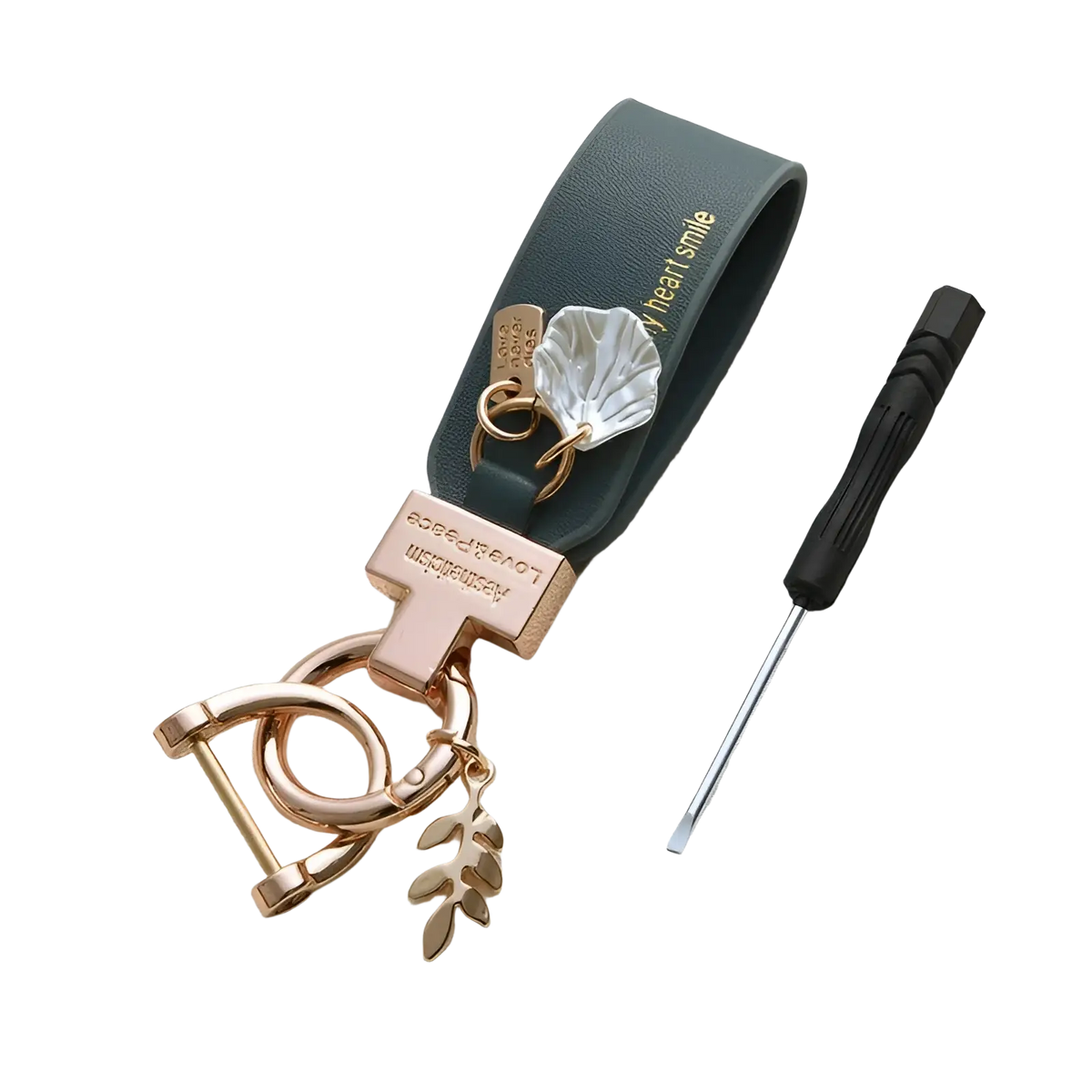 Dark green leather shell keychain with rose gold accents and white shell charm french style anti loss car accessory