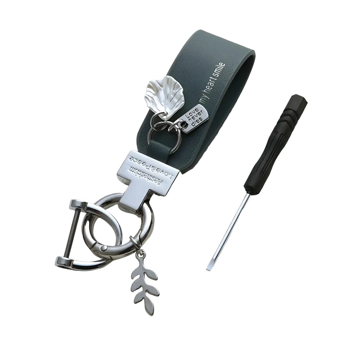Dark green leather shell keychain with silver metal accents and engraved phrases for French style anti loss car use