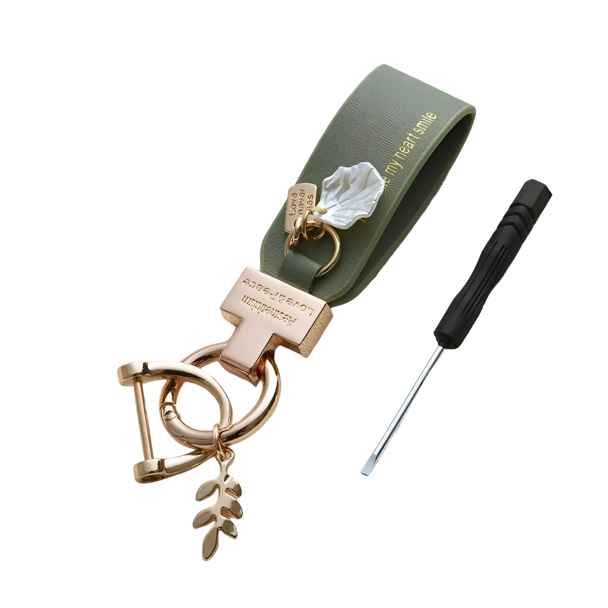 Olive green leather shell keychain with rose gold accents and leaf charm designed as a French style anti loss car charm