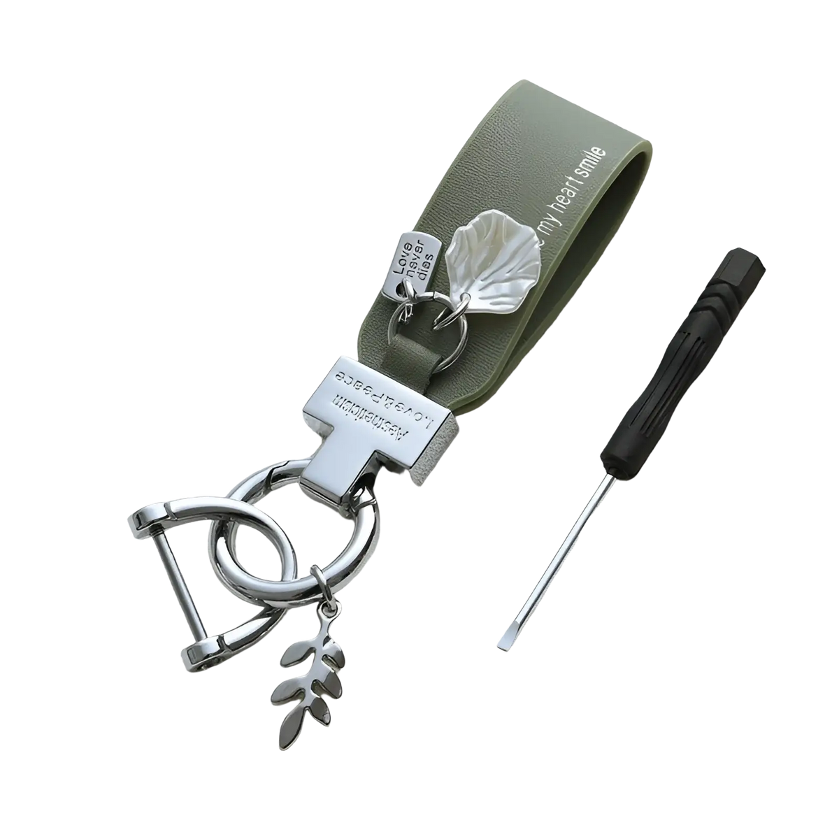 Olive green leather shell keychain with silver metal hardware and leaf-shaped charms for french style anti loss use