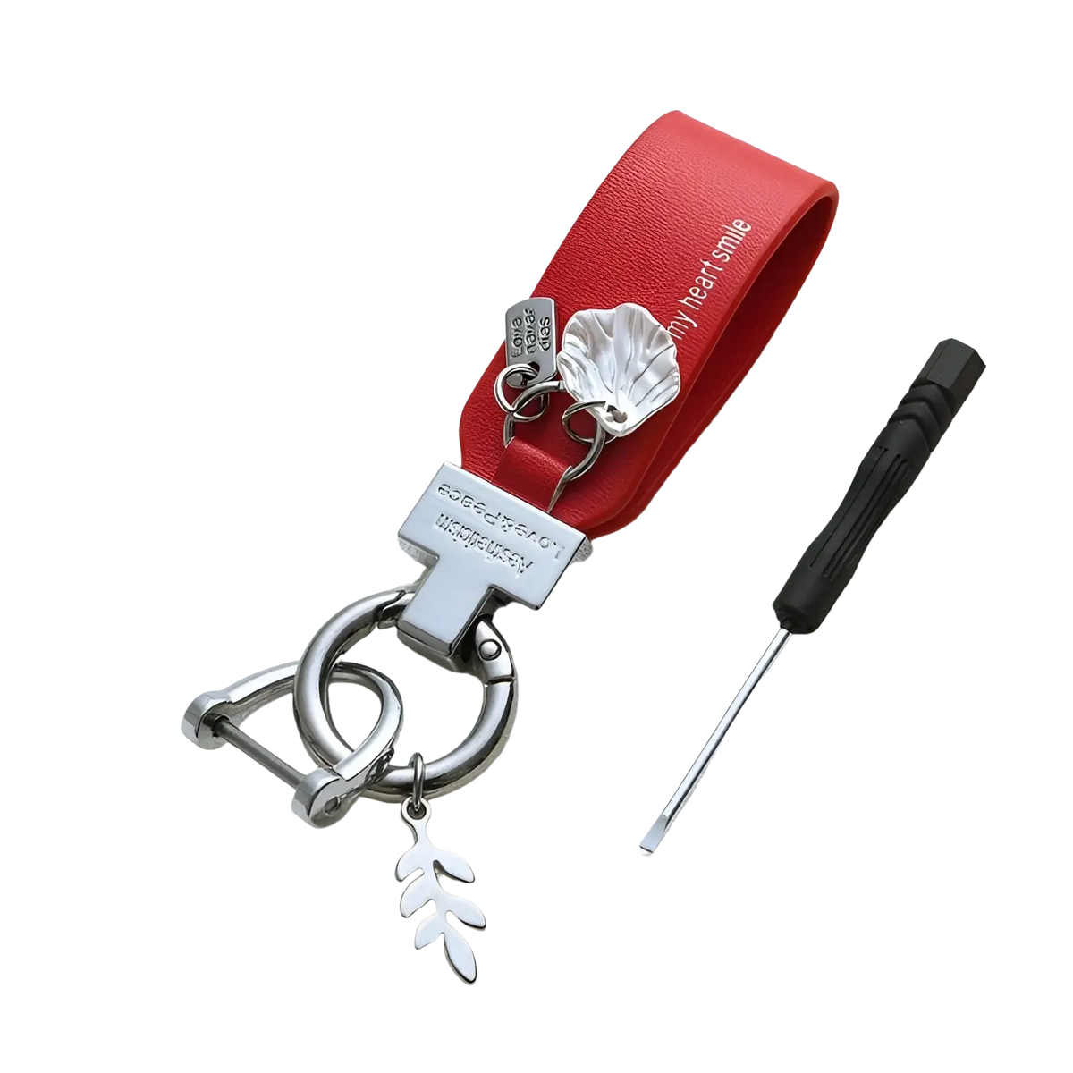 Red leather keychain with silver metal accents and shell-shaped charm for anti loss car use french style