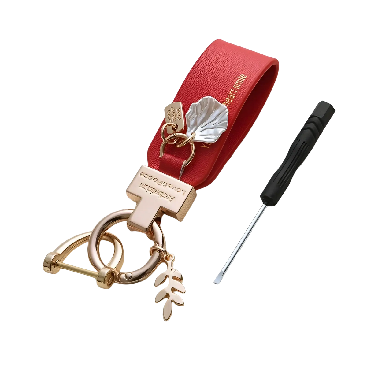 Red leather shell keychain with rose gold metal accents and leaf charms designed as a French style anti loss car charm