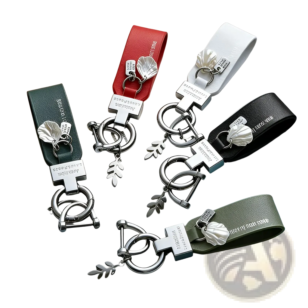 Red leather keychain with silver metal hardware and a shell charm designed as a french style anti loss car charm