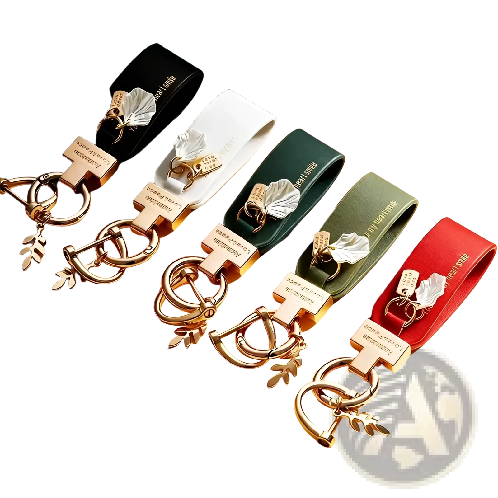 Set of five leather shell keychains in black white green and red with gold leaf hardware for anti loss car charm