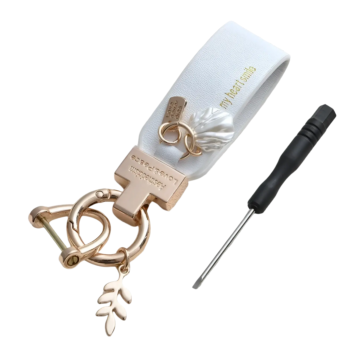 White leather shell keychain with rose gold hardware pearl charm engraved with my heart smiles for anti loss use
