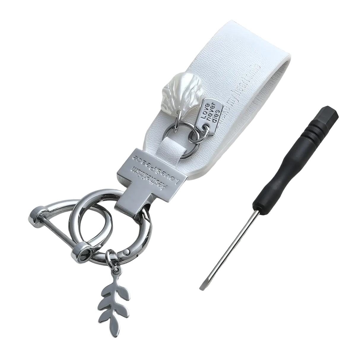 White leather keychain with silver metal accents shell charm and leaf pendant for anti loss car use French style