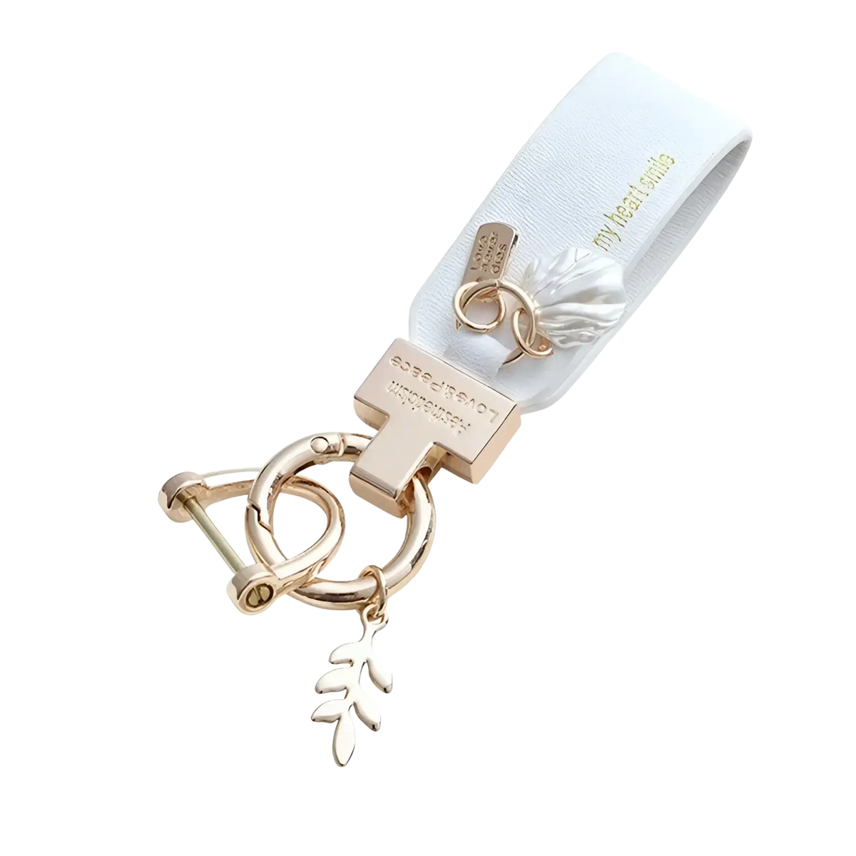 White leather shell keychain with gold-tone hardware and a delicate leaf charm for French style anti loss car use