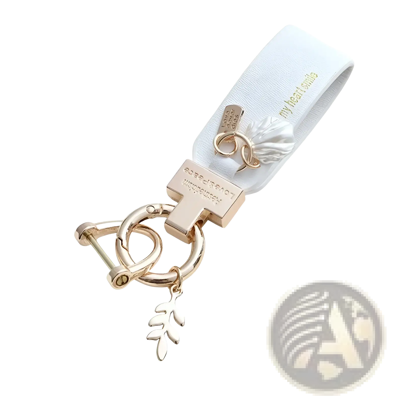 White leather shell keychain with gold-tone hardware and a delicate leaf charm for French style anti loss car use