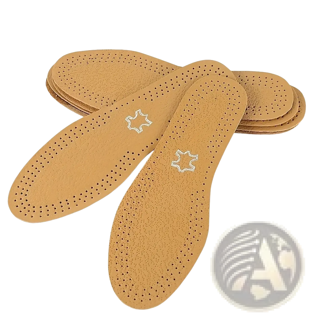 Tan leather shoe insole with perforated breathable design and stitched star logo for shock absorbing cushions