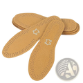 Tan leather shoe insole with perforated breathable design and stitched star logo for shock absorbing cushions