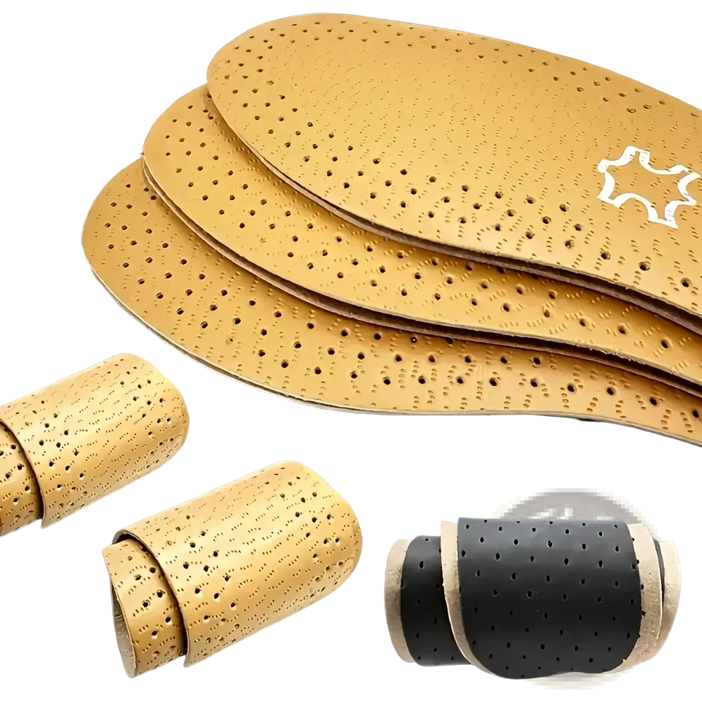 Tan perforated leather shoe insoles with white stitched logo breathable shock absorbing cushions for comfort