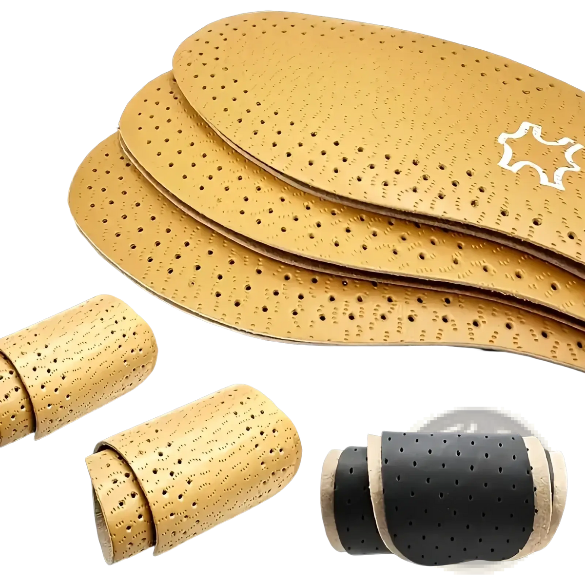 Tan perforated leather shoe insoles with white stitched logo breathable shock absorbing cushions for comfort