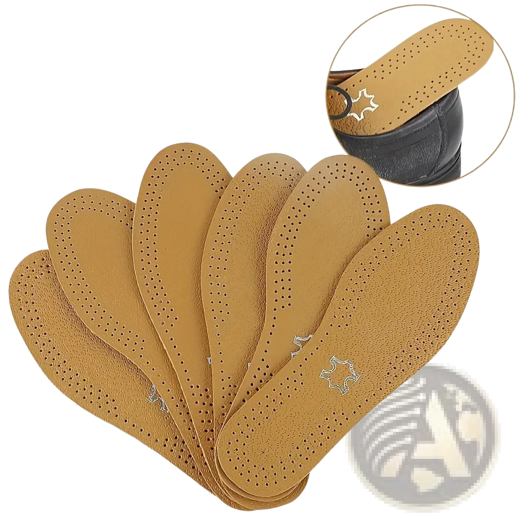 Tan leather shoe insoles with perforated breathable design and stitched star logo for shock absorbing comfort
