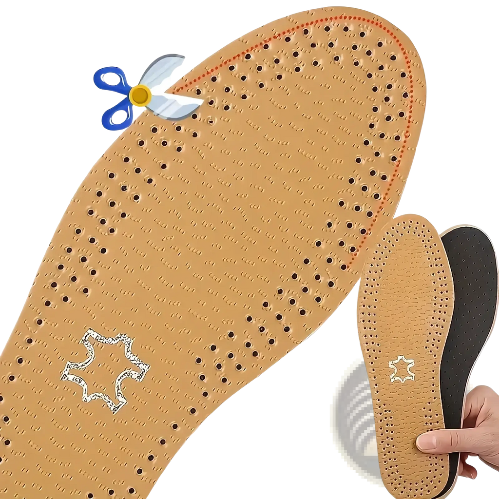 Tan leather shoe insole with perforated breathable design, stitched edge, and embossed leather logo for shock absorption
