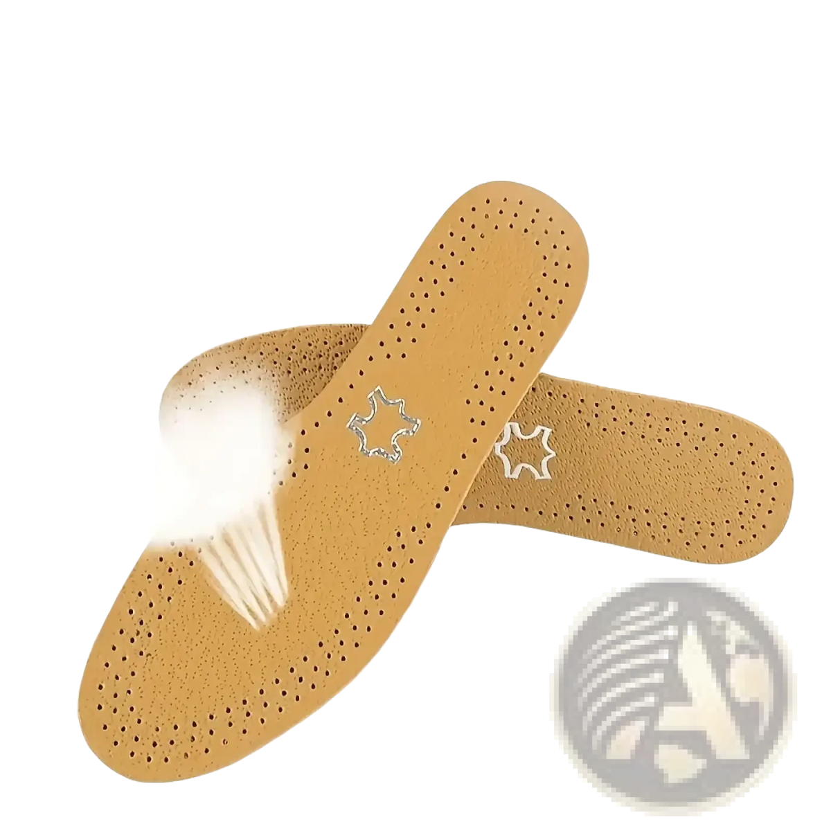 Tan leather shoe insole with perforated breathable design and stitched logo for shock absorbing cushions