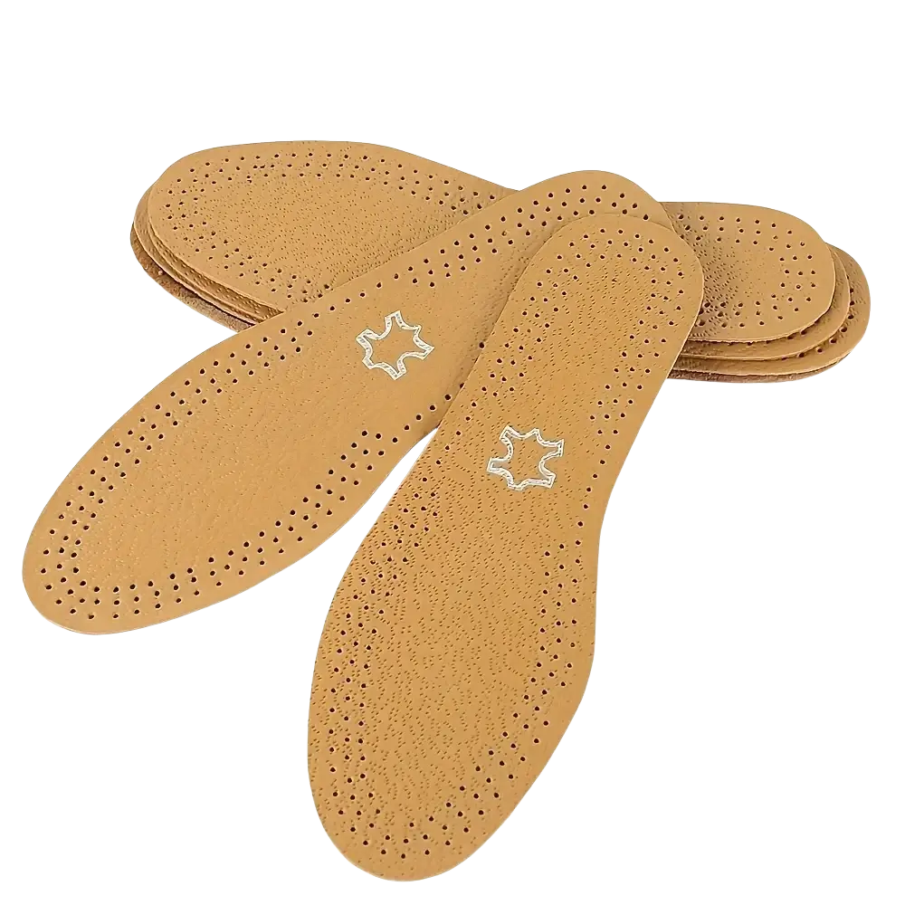 Tan leather shoe insole with perforated breathable design and stitched star logo for shock absorbing cushions