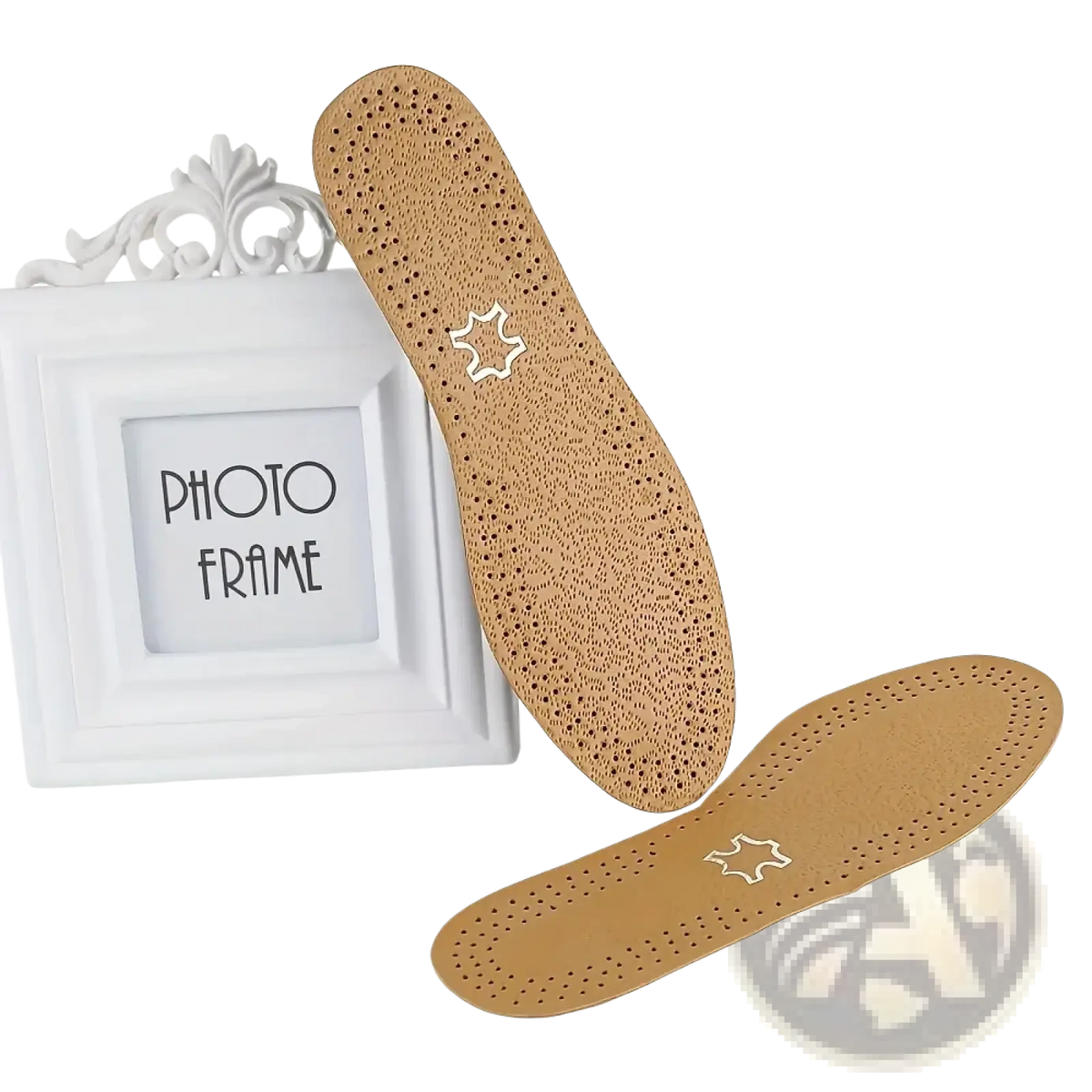 Tan leather shoe insole with perforated breathable design and white stitched star emblem for shock absorbing cushions