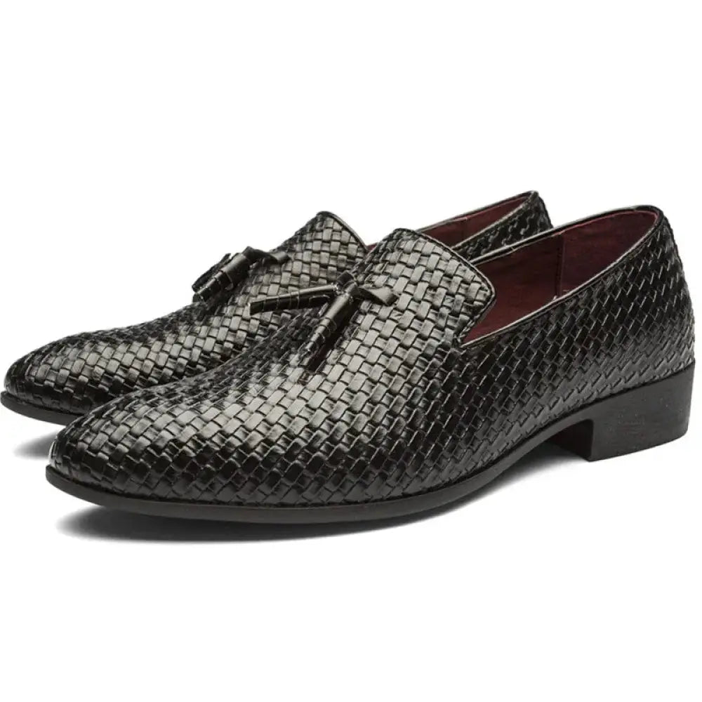 Men’s black woven leather loafers with tassel details and low heel for formal and casual wear
