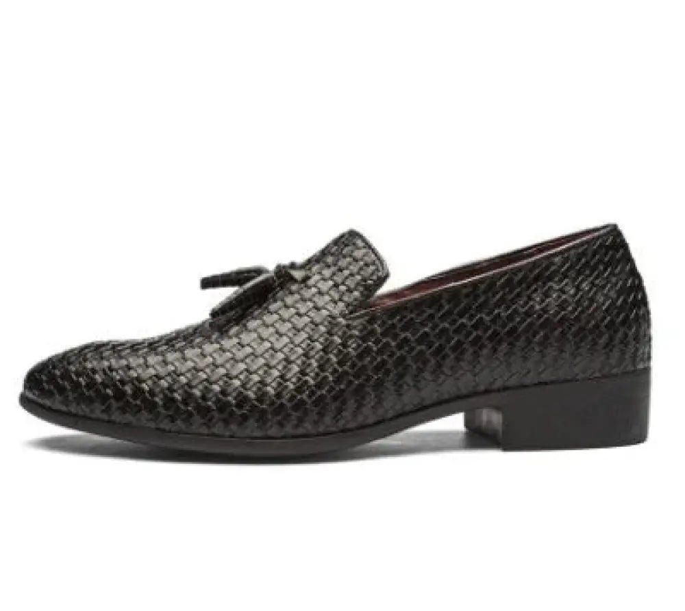 Men’s black woven leather tassel loafers with low block heel and detailed craftsmanship for formal wear