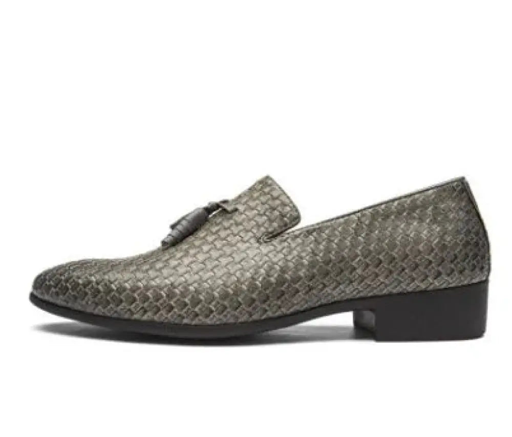 Men’s black woven leather tassel loafer in sleek metallic gray with detailed woven texture and tassel accent