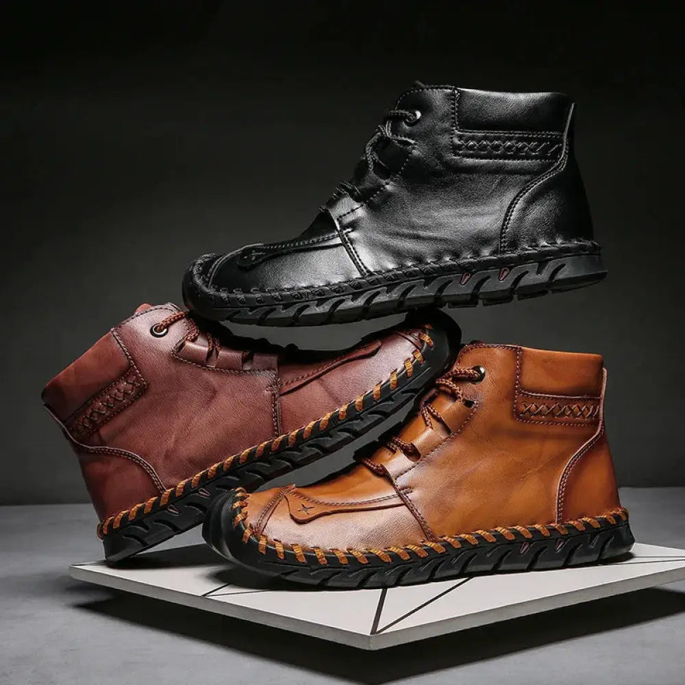 Arbaglobal men’s handcrafted leather casual ankle boots in black and brown with lace-up design and rugged soles