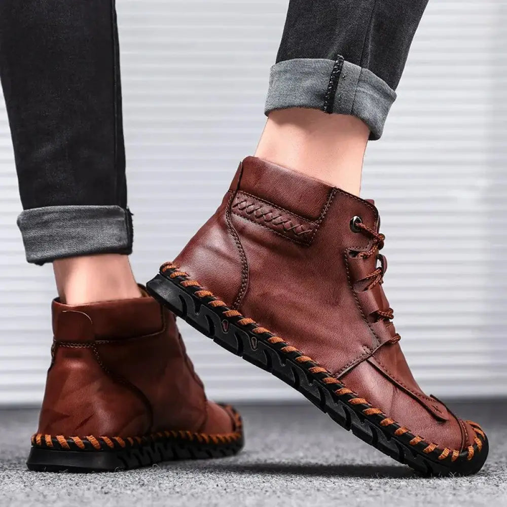 Arbaglobal men’s handcrafted brown leather casual ankle boots with braided detailing on sole and side panels