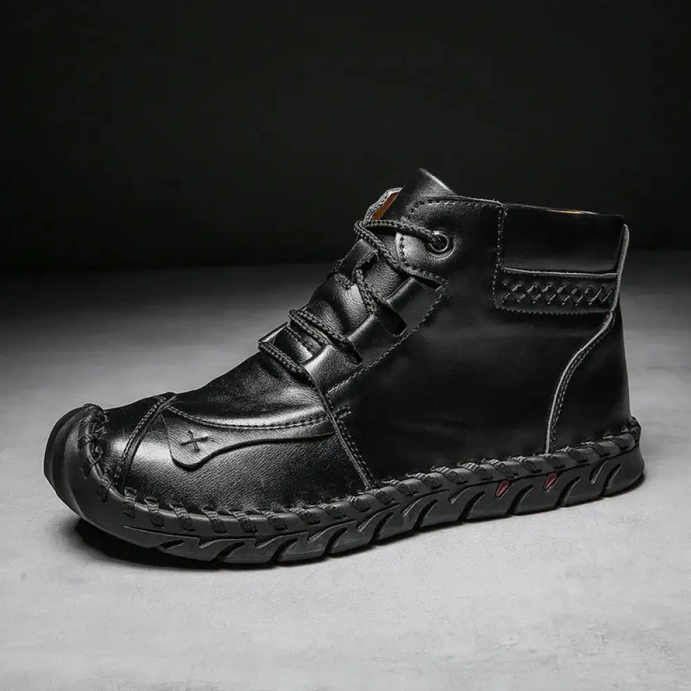 Black leather high-top arbaglobal men’s casual ankle boot with hand-stitched detailing and rugged textured sole